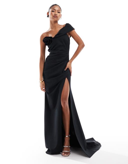 ASOS DESIGN premium off shoulder corsage maxi dress with train in black