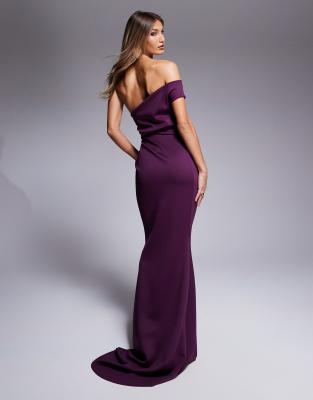 Asos Design Premium Off Shoulder Maxi Dress With Cross Body Pleat Detail In Plum-black