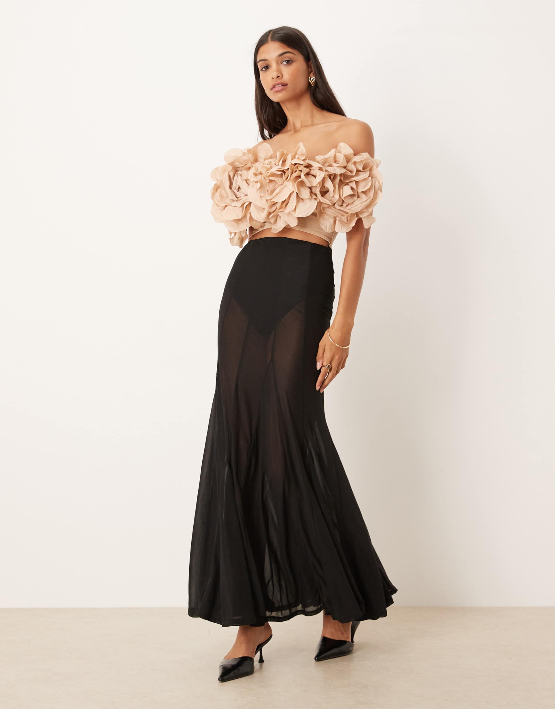 asos design premium off the shoulder flower detailing maxi dress in monochrome