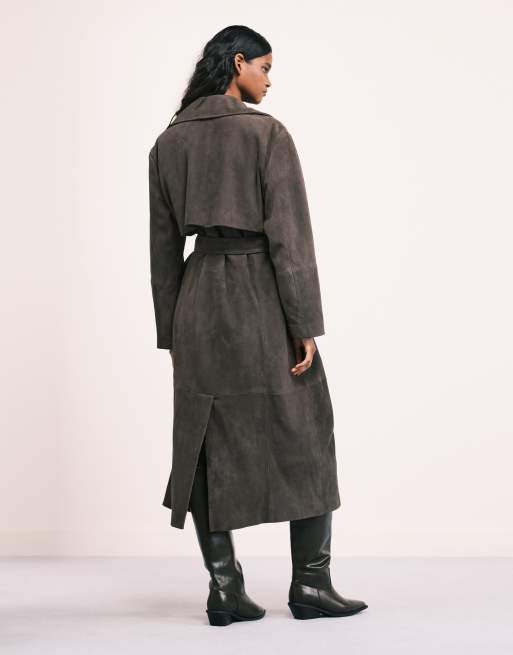 ASOS DESIGN – Premium – Olivgrön trenchcoat i mocka, 3 av 4
