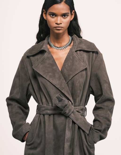 ASOS DESIGN – Premium – Olivgrön trenchcoat i mocka, 4 av 4