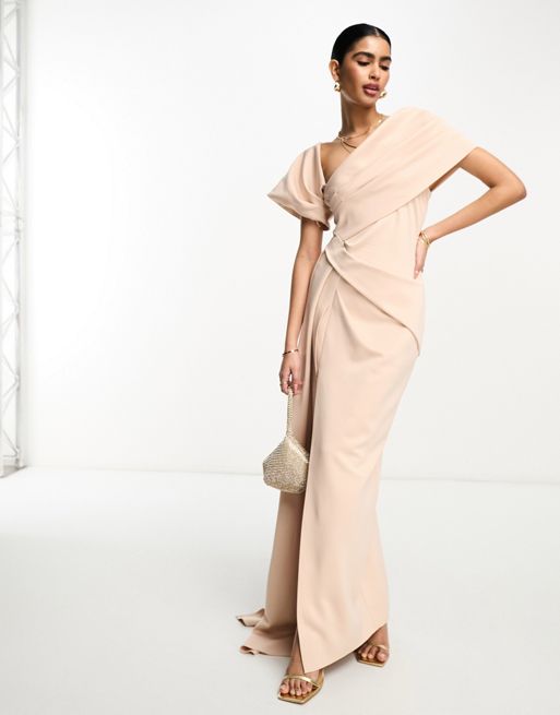 Cream Corset Bardot Long Sleeve Split Maxi Dress