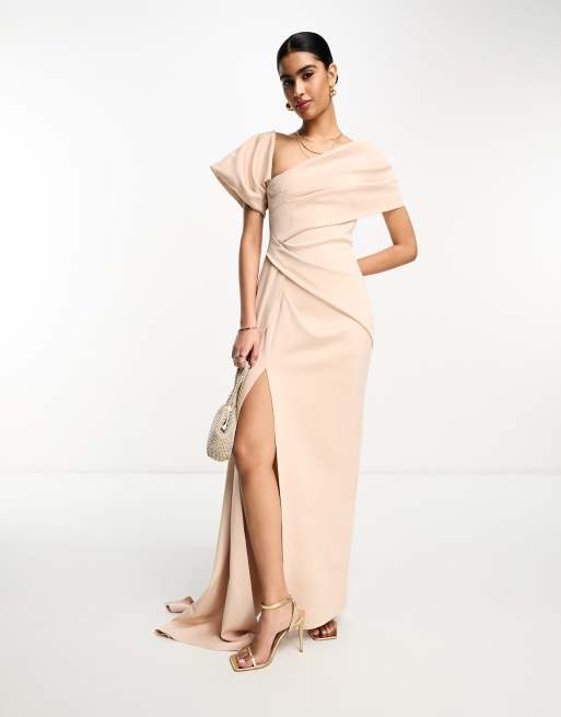 ASOS DESIGN one shoulder premium draped maxi dress with train detail in  chocolate brown