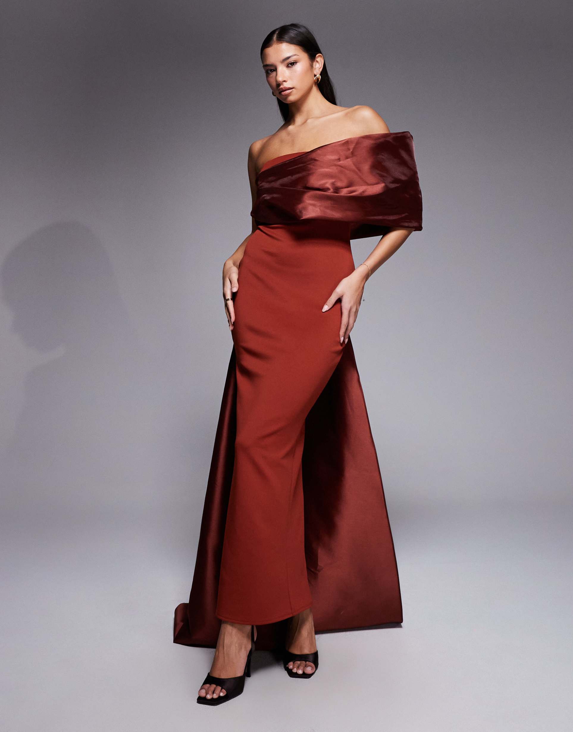 asos design premium one shoulder draped maxi dress with contrast satin train in rust scuba-style fabric