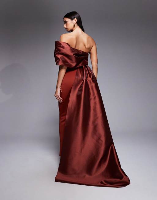 satin rust maxi dress Six Stories Bridesmaid ruched drape satin maxi dress in rust