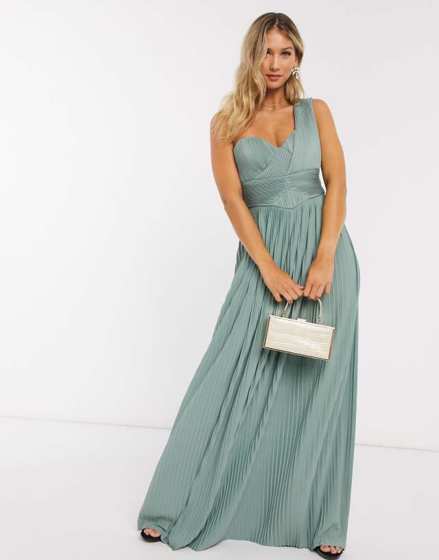 ASOS DESIGN Premium one shoulder pleated panel maxi dress in spearmint