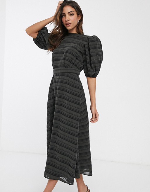 ASOS DESIGN premium organza stripe midi dress with puff sleeves in khaki