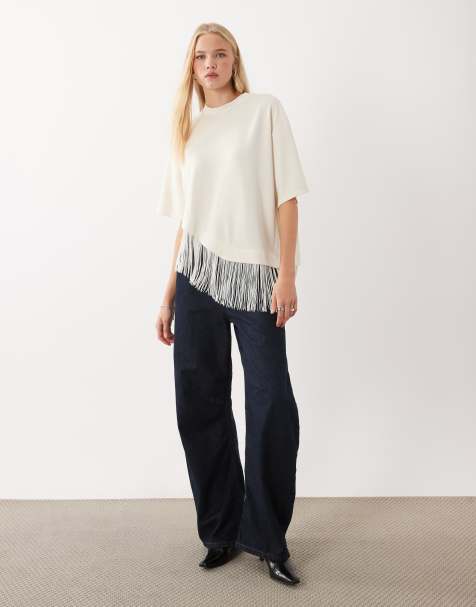 ASOS DESIGN premium oversize asymetryczny T-shirt z frędzlami w kolorze kremowym - view 1