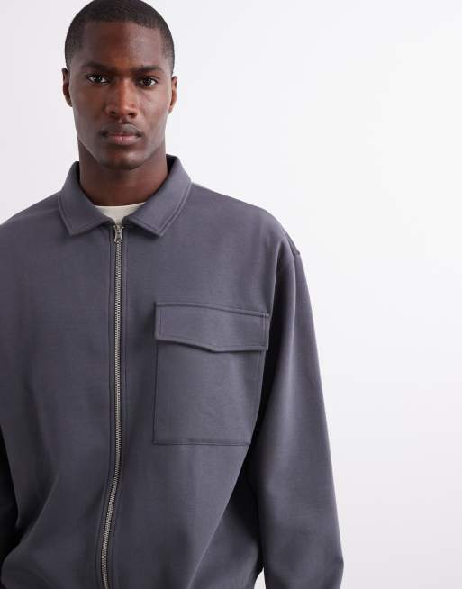 ASOS DESIGN – Premium – Oversize-Hemdjacke aus schwerem Jersey in Anthrazit mit Reißverschluss, 400 g/m², 4 von 5