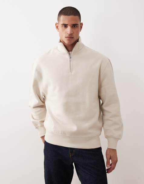 ASOS DESIGN – Premium – Oversize-Sweatshirt aus schwerem Stoff in Beige mit kurzem Reißverschluss, 400 g/m² - view 1