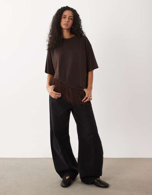ASOS DESIGN premium oversized asymmetric t-shirt with fringe detailing in chocolate, 2 of 4