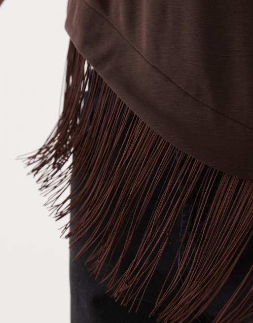 ASOS DESIGN premium oversized asymmetric t-shirt with fringe detailing in chocolate, 3 of 4