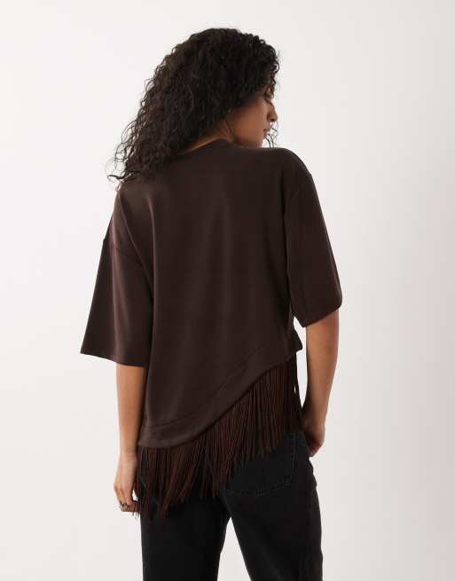 ASOS DESIGN premium oversized asymmetric t-shirt with fringe detailing in chocolate, 4 of 4