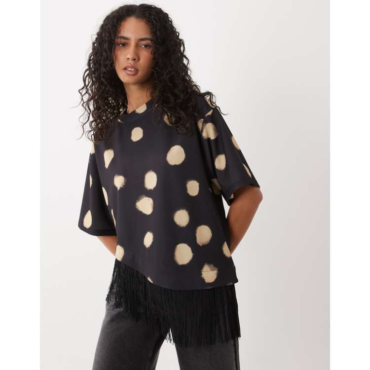 トップス Dot Print Tie Oversized Shirt ASOS DESIGN premium oversized asymmetric t-shirt with fringe