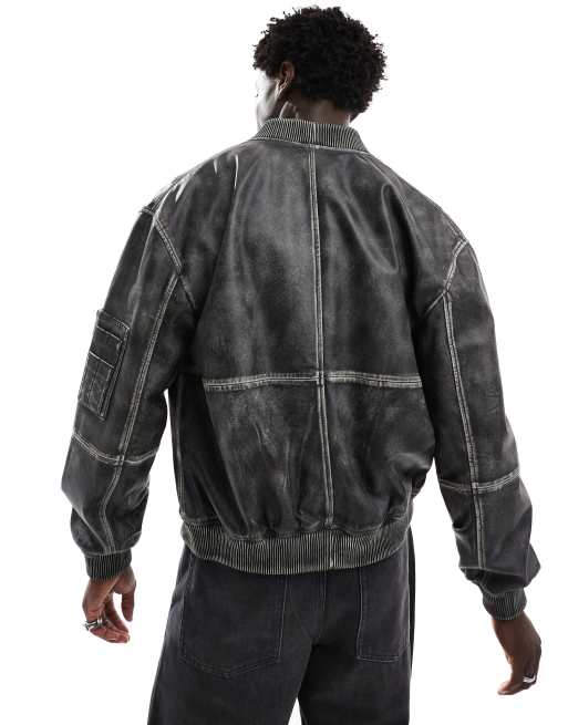 ASOS DESIGN - Premium - Oversized bomber-jakke i ægte, sort læder med slidt finish, 4 af 4