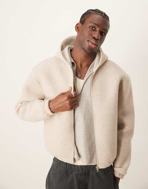 ASOS DESIGN Premium oversized boxy felt zip through hoodie in oatmeal marl - view 1