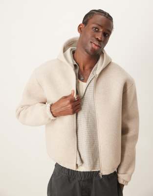 Premium oversized boxy felt zip up hoodie in oatmeal heather-Gray