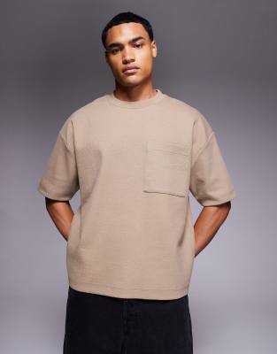 Asos Design Premium Oversized Boxy Textured Contrast T-shirt With Pocket In Nude