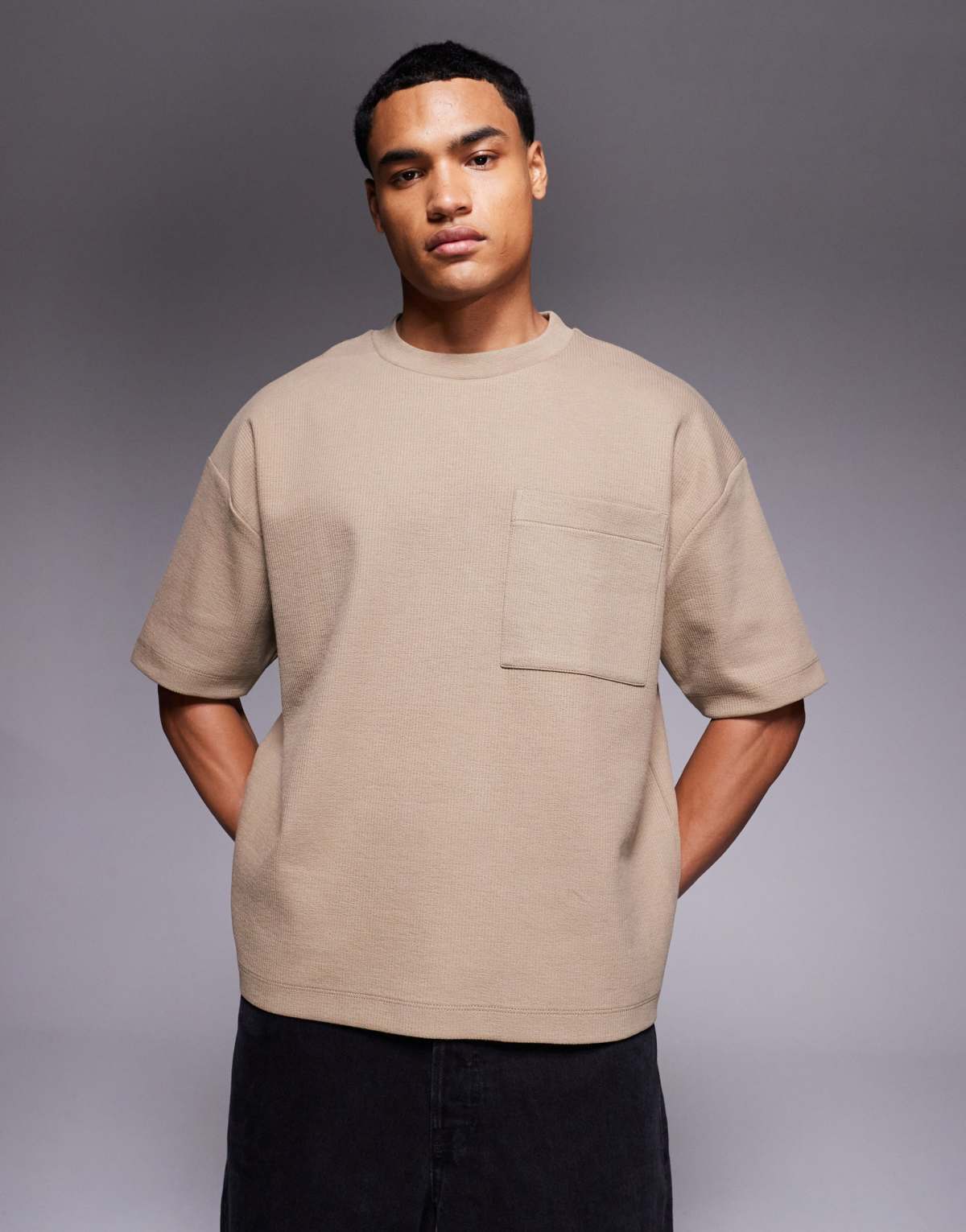 ASOS DESIGN premium oversized boxy textured contrast t-shirt with pocket in brown