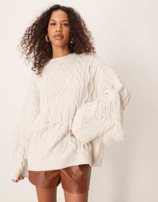 premium oversized cable knit sweater with fringing in ecru-White