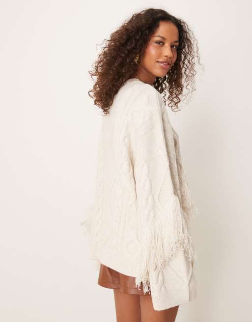 ASOS DESIGN premium oversized cable knit sweater with fringing in