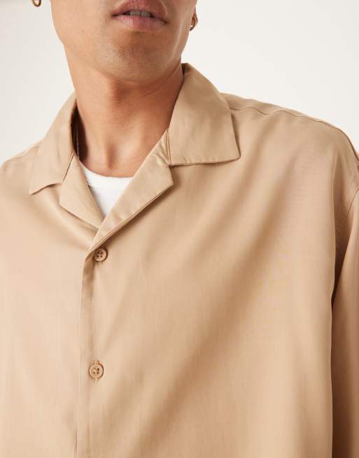 ASOS DESIGN premium oversized camp collar boxy shirt in beige