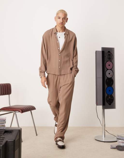ASOS DESIGN premium oversized cropped striped shirt in brown (part of a set), 3 of 4