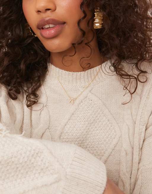 ASOS DESIGN - Premium oversized gebreide trui met kabels en franjes in ecru, 2 van 4