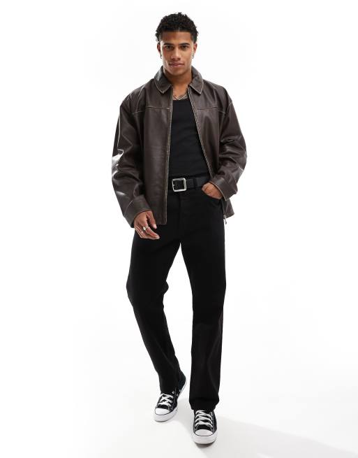 ASOS DESIGN - Premium - Oversized Harrington-jakke i ægte, brunt læder med slidt finish, 2 af 4