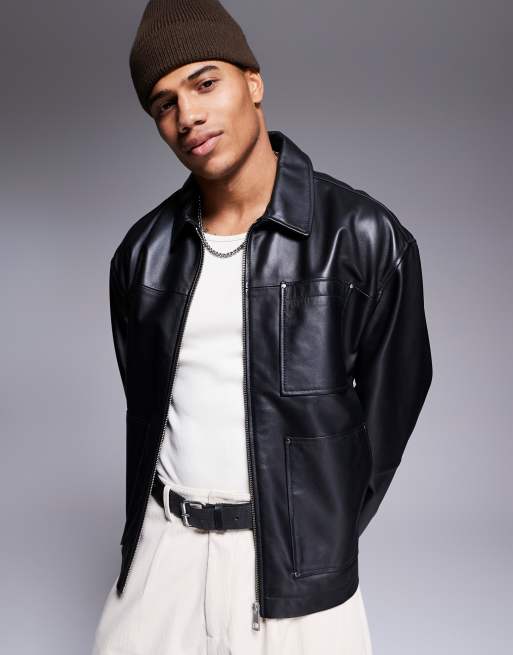 ASOS DESIGN - Premium - Oversized Harrington-jakke i ægte, sort læder