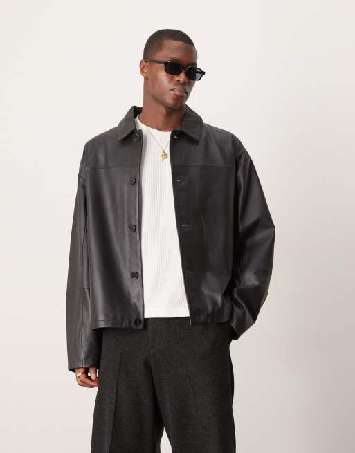 ASOS DESIGN - Premium - Oversized Harrington-jakke i ægte, sort læder