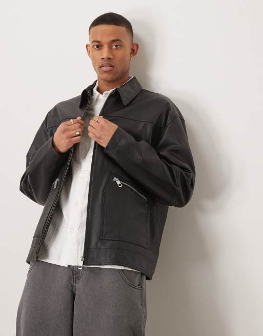 ASOS DESIGN - Premium - Oversized Harrington-jakke i ægte, sort læder