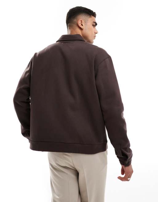 ASOS DESIGN - Premium oversized jack van 400gsms zware jersey met knopen en zakje in bruin, 2 van 4