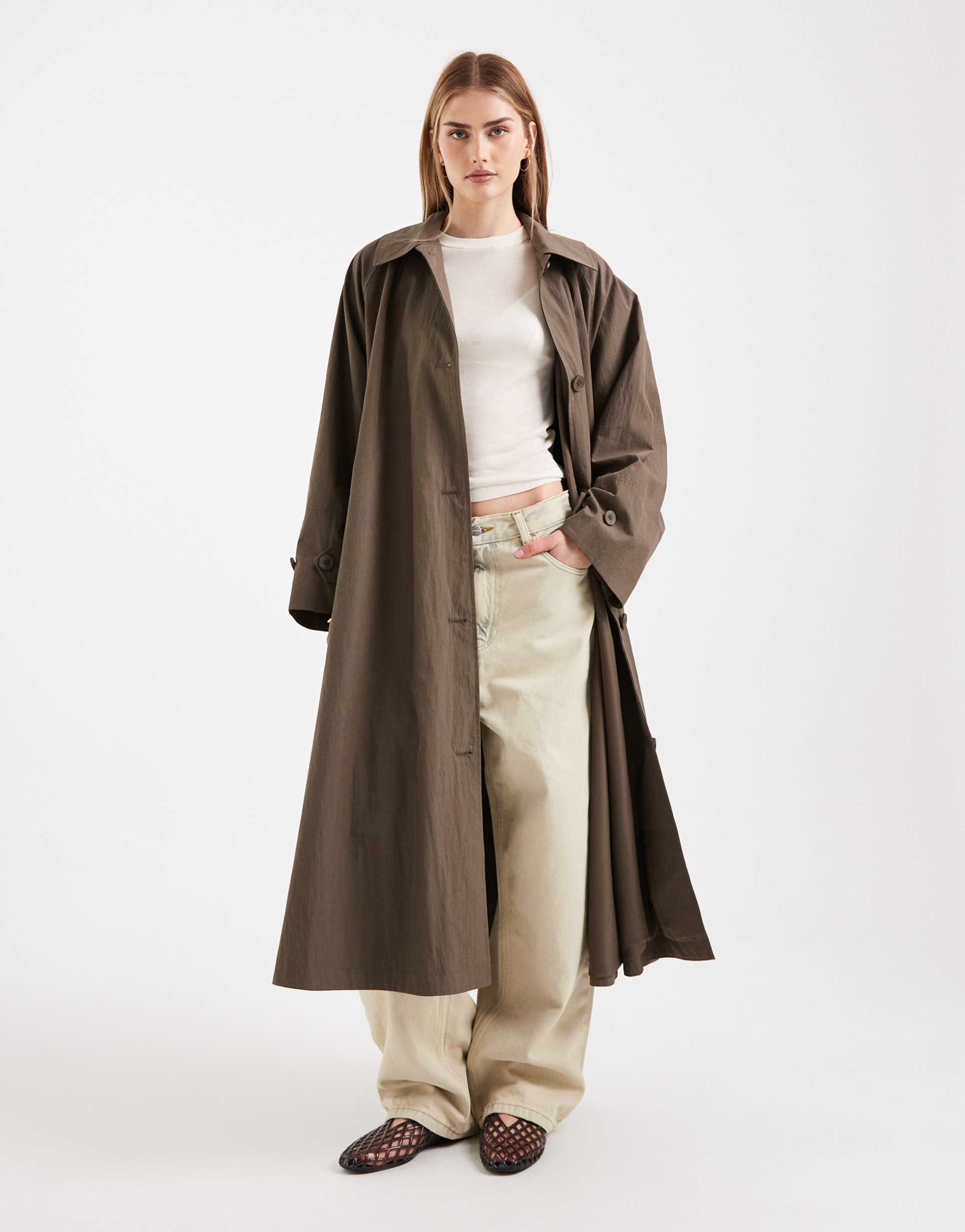 asos design premium oversized kimono sleeve trench coat in taupe