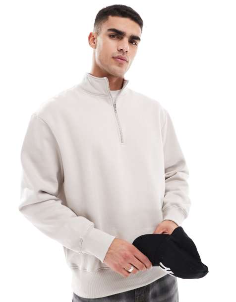 ASOS DESIGN - Premium - Oversized og beige sweatshirt med kvart lynlås i kraftigt 400 gsm-stof - view 1
