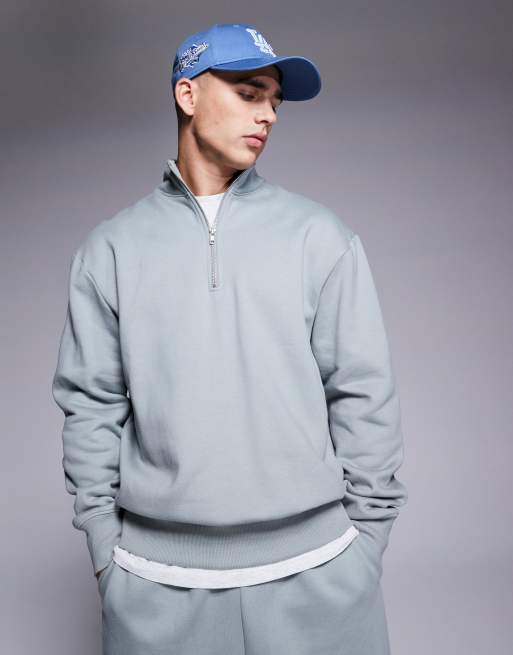 ASOS DESIGN - Premium - Oversized og forvasket lysegrå sweatshirt med kvart lynlås i kraftigt 400 gsm-stof