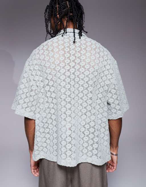 ASOS DESIGN - Premium - Oversized og hæklet salviegrøn skjorte med firkantet pasform, 4 af 4