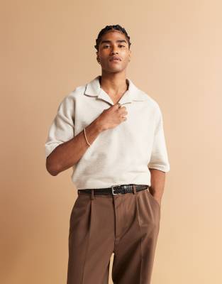 ASOS DESIGN Premium oversized polo shirt in cream texture-Neutral