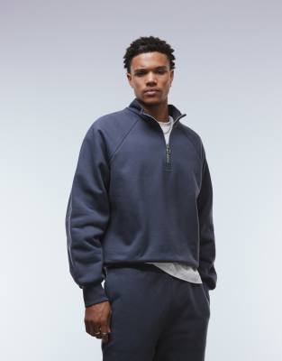 Asos Design Premium Oversized Quarter Zip Sweatshirt In Blue