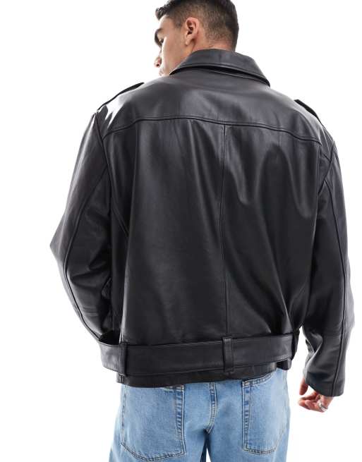 ASOS DESIGN premium oversized real leather moto jacket in black ASOS
