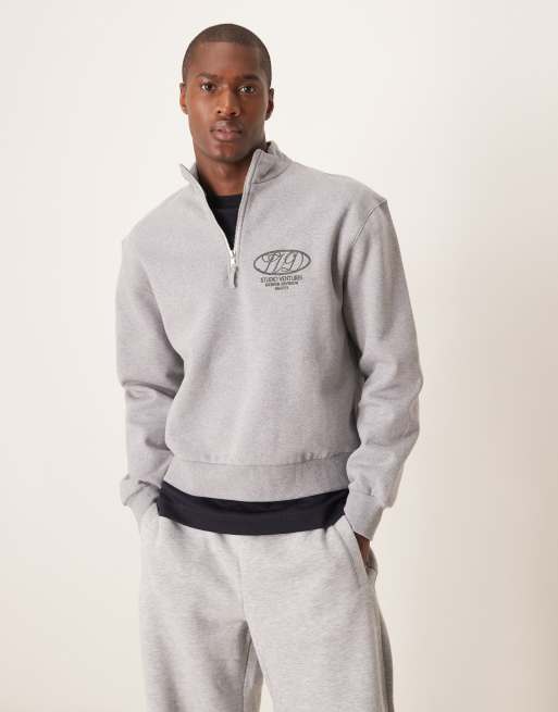 ASOS DESIGN - Premium - Oversized recht sweatshirt van zware stof met korte rits en print in dezelfde tint in gemêleerd grijs