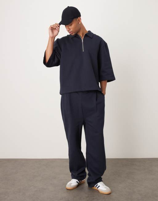 ASOS DESIGN premium oversized short sleeve heavyweight sweatshirt in 400gsms in navy, 2 of 4