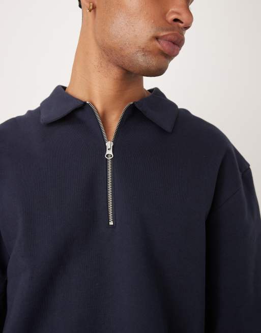ASOS DESIGN premium oversized short sleeve heavyweight sweatshirt in 400gsms in navy, 3 of 4