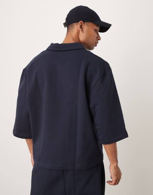 ASOS DESIGN premium oversized short sleeve heavyweight sweatshirt in 400gsms in navy, 4 of 4