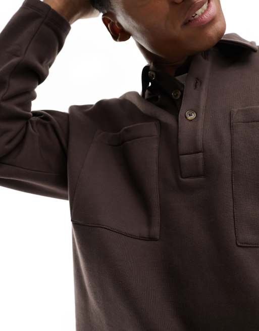 ASOS DESIGN - Premium oversized sweatshirt met polokraag van zware 400gsms stof in bruin , 4 van 4