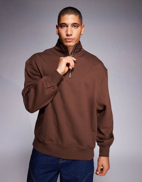 ASOS DESIGN - Premium oversized sweatshirt van 400gsm zware stof met kwartrits in bruin - view 1