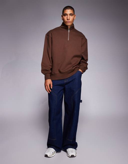 ASOS DESIGN - Premium oversized sweatshirt van 400gsm zware stof met kwartrits in bruin, 2 van 5