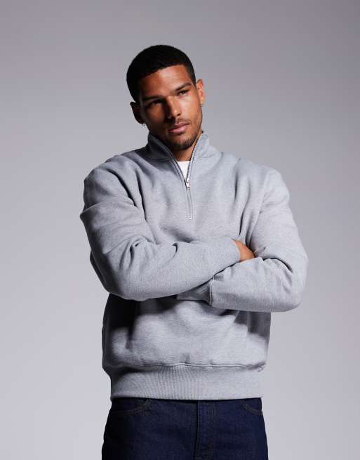 ASOS DESIGN - Premium - Oversized sweatshirt van zware 400gsm stof met korte rits in gemêleerd grijs
