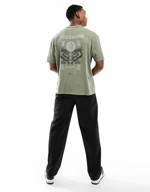 ASOS DESIGN premium oversized t-shirt in khaki wash with souvenir back print, 4 of 4