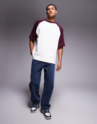 Asos Design Premium Oversized Textured Rib Contrast Raglan T-shirt In White